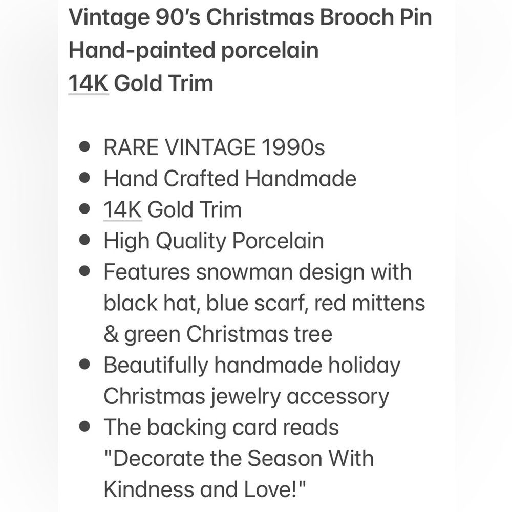 Snowman Christmas Pin 14K Gold Porcelain Handmade Holiday Hand Crafted Jewelry - Picture 2 of 12